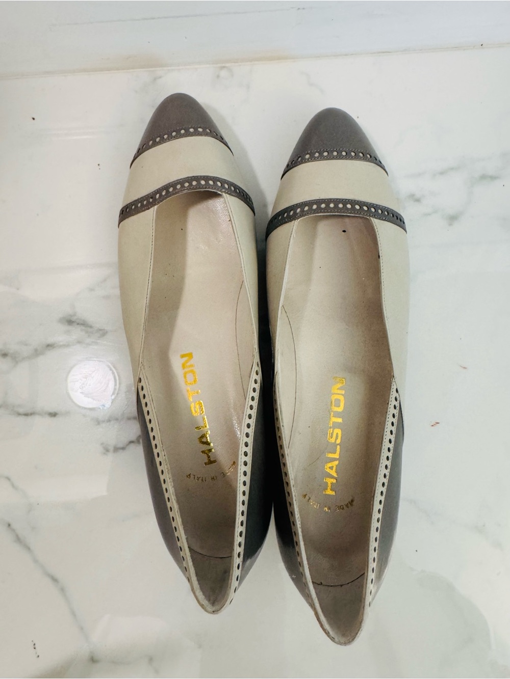 Women’s Two-Tone Cream and Gray Pointed Toe Flats